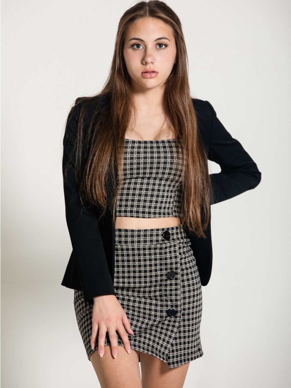 Pink Rose Black and White Checked Skirt Set